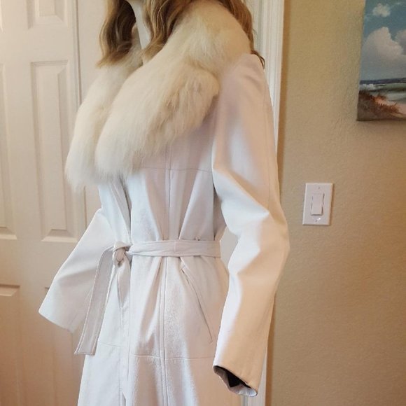 EXC Long White Leather Coat Fox Fur Collar 8 10 12 - Picture 7 of 10